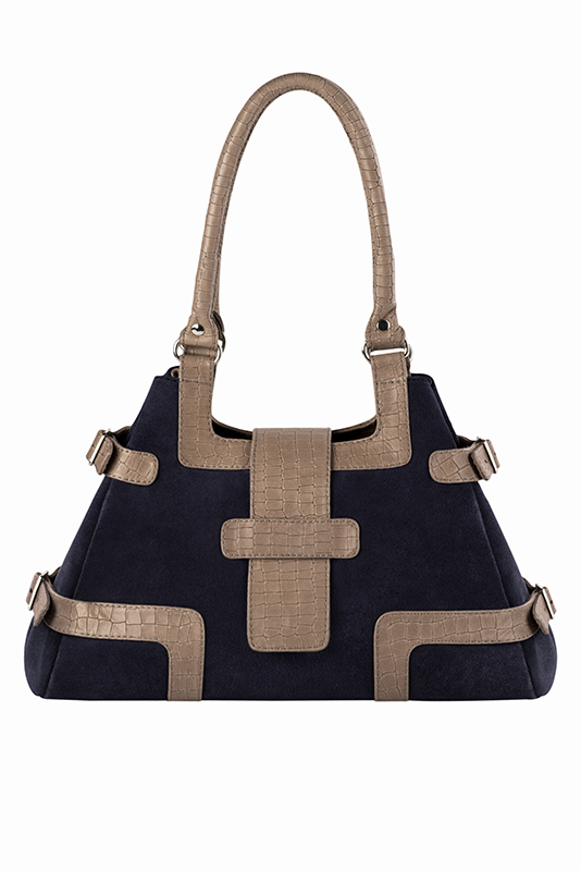 Dress handbag in midnight blue and bronze beige leather - Worn view